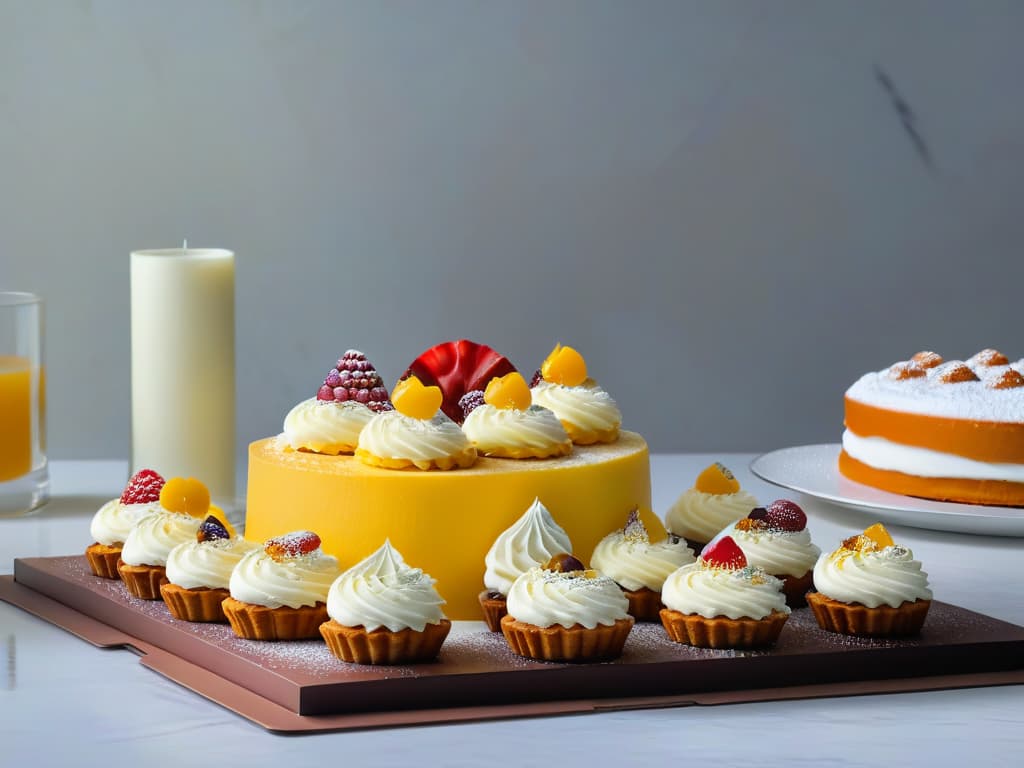  A pristine, minimalist image of a sleek, modern kitchen with a marble countertop showcasing an array of beautifully decorated pastries and cakes. The soft, natural light filters in, casting a gentle glow on the desserts, highlighting their intricate details and vibrant colors. The scene exudes elegance and sophistication, with the focus solely on the artistry of the confectioneries, enticing viewers with its visual appeal and inviting them to explore the world of baking and pastry artistry. hyperrealistic, full body, detailed clothing, highly detailed, cinematic lighting, stunningly beautiful, intricate, sharp focus, f/1. 8, 85mm, (centered image composition), (professionally color graded), ((bright soft diffused light)), volumetric fog, trending on instagram, trending on tumblr, HDR 4K, 8K