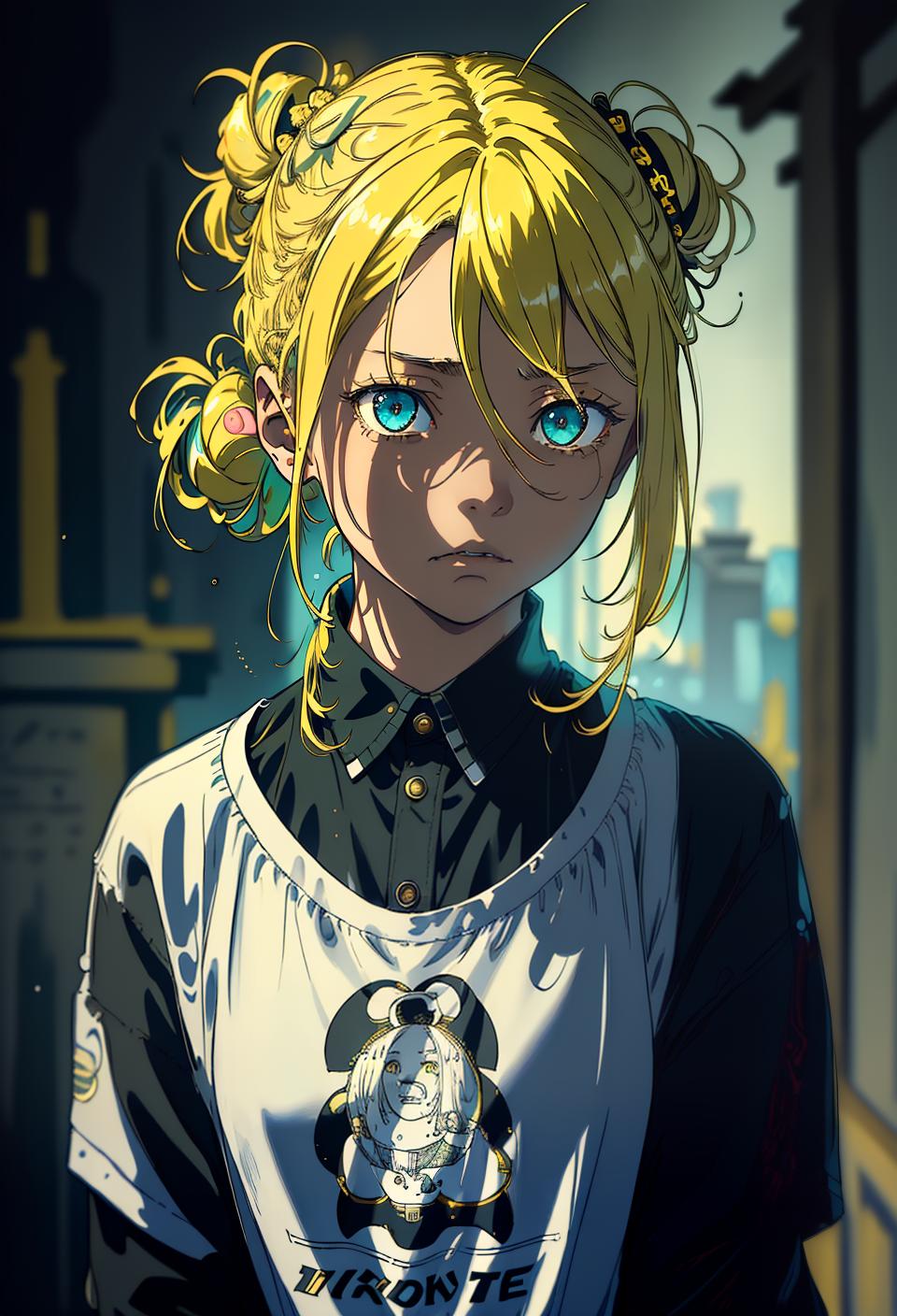  ((trending, highres, masterpiece, cinematic shot)), 1girl, young, female casual wear, graveyard scene, medium-length messy yellow hair, hair in a bun, narrow aqua eyes, calm personality, bored expression, very dark skin, lively, observant
