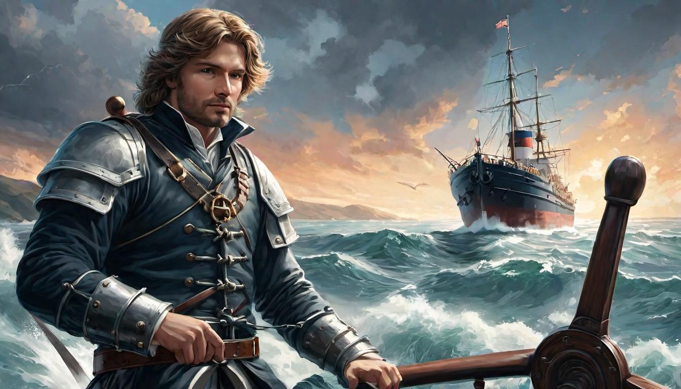  digital illustration, Figure at ship's helm, choosing paths between turbulent and calm waters, symbolizing decision making in emotional turbulence, contemplative, resolve, looking at viewer, dynamic pose, (intricate details, masterpiece, best quality)