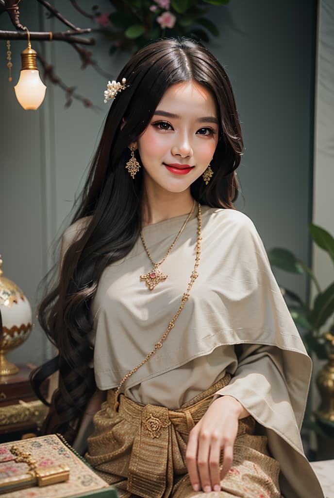  girl,smile,long hair, sabai,jewelry,thailand tradition dress ADVERTISING PHOTO,high quality, good proportion, masterpiece , The image is captured with an 8k camera