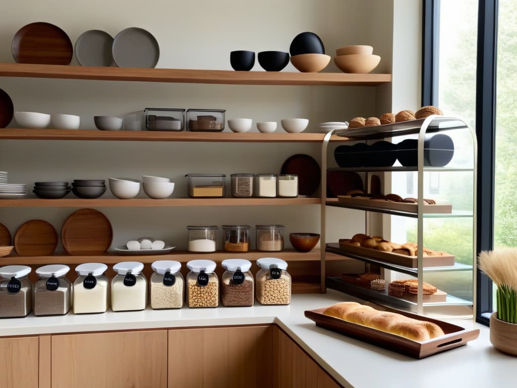  An ultradetailed, 8k resolution image of a sleek, modern kitchen filled with sustainable baking ingredients neatly organized on minimalist shelves. The scene includes ecofriendly baking tools, reusable packaging, and a countertop adorned with freshly baked goods displayed on elegant, sustainable serving platters. The natural light streaming through large windows highlights the organic textures of the ingredients, creating a serene and ecoconscious atmosphere that embodies the essence of sustainable baking trends. hyperrealistic, full body, detailed clothing, highly detailed, cinematic lighting, stunningly beautiful, intricate, sharp focus, f/1. 8, 85mm, (centered image composition), (professionally color graded), ((bright soft diffused light)), volumetric fog, trending on instagram, trending on tumblr, HDR 4K, 8K