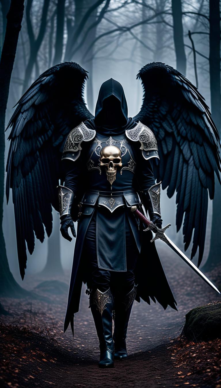  macabre style A fallen angel with black wings, in plate armor, the Necronomicon, the book of necromancers is fastened to his waist. There is also a cloak with a hood and a helmet in the shape of a skull, the whole armor adorned with runes and emanating cold, as well as holding a sword and a shield. . dark, gothic, grim, haunting, highly detailed hyperrealistic, full body, detailed clothing, highly detailed, cinematic lighting, stunningly beautiful, intricate, sharp focus, f/1. 8, 85mm, (centered image composition), (professionally color graded), ((bright soft diffused light)), volumetric fog, trending on instagram, trending on tumblr, HDR 4K, 8K