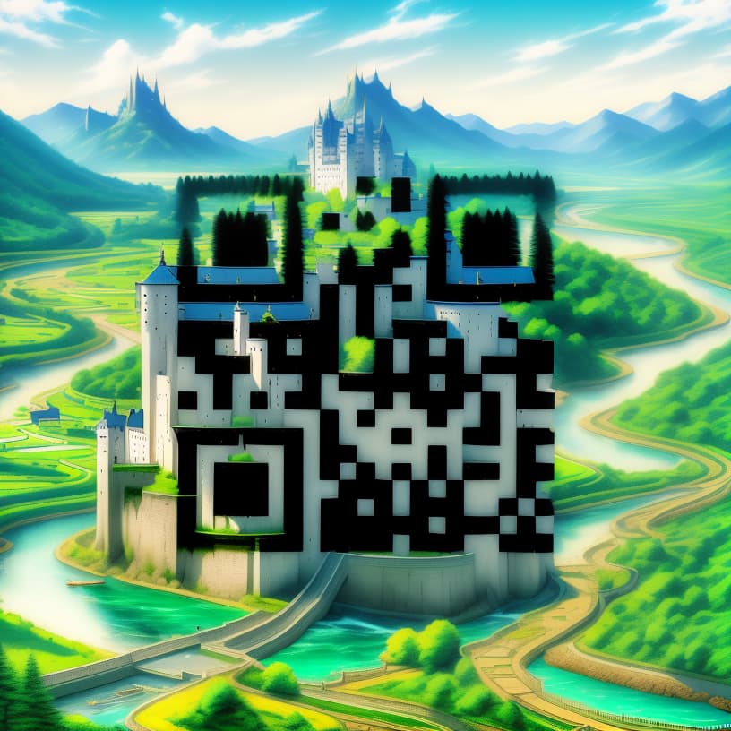  style Anime, castle, river, forest, mountains