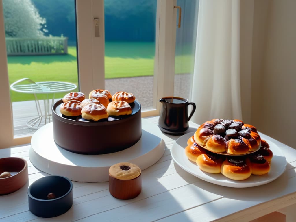  A photorealistic image of a cozy Swedish fika setting, showcasing a beautifully set table with an assortment of traditional Swedish pastries like kanelbullar (cinnamon buns), kardemummabullar (cardamom buns), and chokladbollar (chocolate balls). The table is adorned with elegant Scandinavian tableware, a steaming pot of freshly brewed coffee, and a vase of freshly picked wildflowers. Sunlight filters through a window, casting a warm glow over the scene, inviting the viewer to sit down and enjoy a moment of relaxation and indulgence. hyperrealistic, full body, detailed clothing, highly detailed, cinematic lighting, stunningly beautiful, intricate, sharp focus, f/1. 8, 85mm, (centered image composition), (professionally color graded), ((bright soft diffused light)), volumetric fog, trending on instagram, trending on tumblr, HDR 4K, 8K