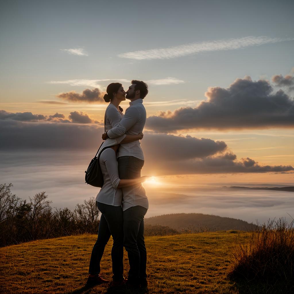  Create a high quality hyperrealistic image that visually represents the theme 'True love is not about finding someone to live with, but finding someone you can't live without.' The image should depict a couple standing together on a scenic overlook, holding each other closely and looking into each other's eyes, conveying a deep emotional connection. The background should include a beautiful sunset over a serene landscape, emphasizing the romantic atmosphere. The characters should be dressed casually, and their expressions should reflect the profound bond they share. The image should be of hyperrealistic style and high quality. hyperrealistic, full body, detailed clothing, highly detailed, cinematic lighting, stunningly beautiful, intricate, sharp focus, f/1. 8, 85mm, (centered image composition), (professionally color graded), ((bright soft diffused light)), volumetric fog, trending on instagram, trending on tumblr, HDR 4K, 8K