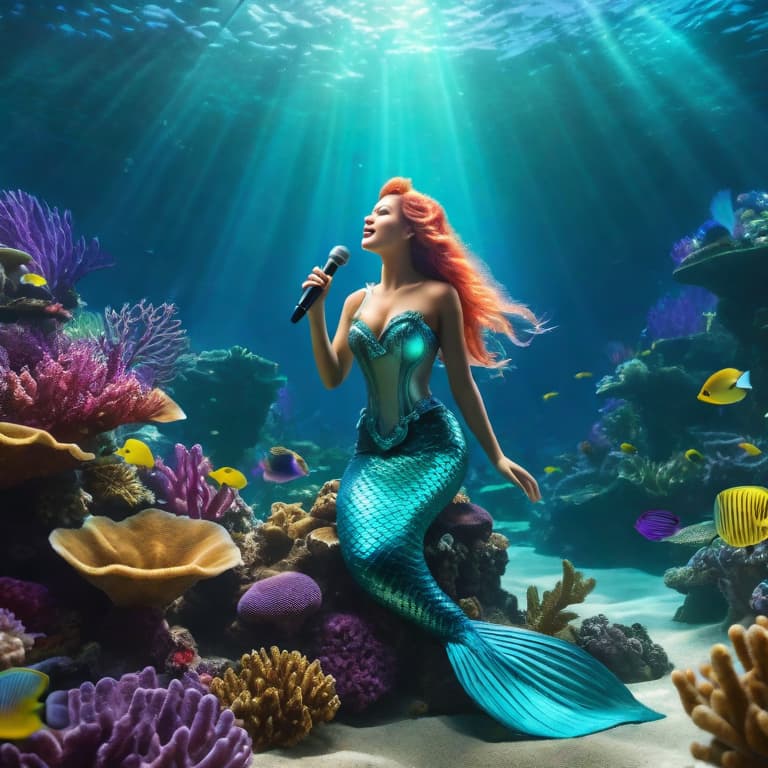  Enchanted mermaid singing in an underwater coral reef hyperrealistic, full body, detailed clothing, highly detailed, cinematic lighting, stunningly beautiful, intricate, sharp focus, f/1. 8, 85mm, (centered image composition), (professionally color graded), ((bright soft diffused light)), volumetric fog, trending on instagram, trending on tumblr, HDR 4K, 8K