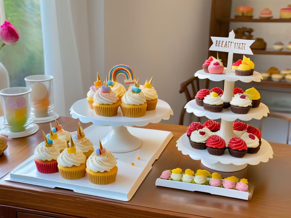  A photorealistic image of a beautifully decorated breakfast table with an assortment of creatively crafted pastries such as colorful unicornshaped cupcakes, whimsical rainbow donuts, and intricately designed floral muffins, all set against a backdrop of a sunlit kitchen with fresh fruits and flowers scattered around. The table is adorned with vintage china and artisanal glassware, exuding an elegant and magical ambiance perfect for starting the day with creative pastries. hyperrealistic, full body, detailed clothing, highly detailed, cinematic lighting, stunningly beautiful, intricate, sharp focus, f/1. 8, 85mm, (centered image composition), (professionally color graded), ((bright soft diffused light)), volumetric fog, trending on instagram, trending on tumblr, HDR 4K, 8K