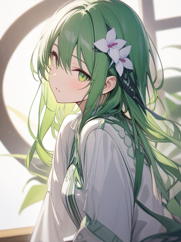  Green hair character orchids, masterpiece, best quality,8k,ultra detailed,high resolution,an extremely delicate and beautiful,hyper detail