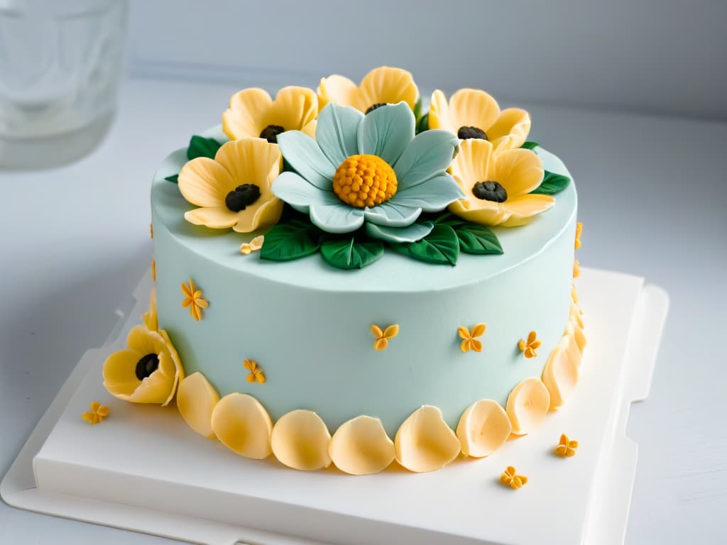  A closeup, ultradetailed image of a perfectly sculpted, intricate sugar flower delicately placed on a pristine white fondant cake. The image focuses on the delicate petals, each vein and texture visible in stunning clarity, with the soft light casting subtle shadows to enhance the depth and artistry of the creation. hyperrealistic, full body, detailed clothing, highly detailed, cinematic lighting, stunningly beautiful, intricate, sharp focus, f/1. 8, 85mm, (centered image composition), (professionally color graded), ((bright soft diffused light)), volumetric fog, trending on instagram, trending on tumblr, HDR 4K, 8K