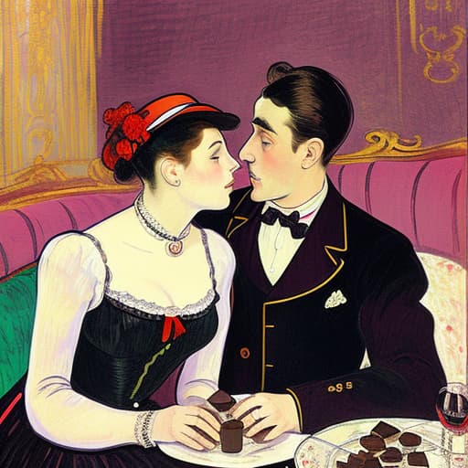  attractive young Parisian couple dressed in modern designer outfits who are romantically together in Paris. Foreground a small plate of fine dark chocolates on a bedside table. Background dusk with a light of the inside the Moulin Rouge during a show. Painting style of Henri de Toulouse-Lautrec