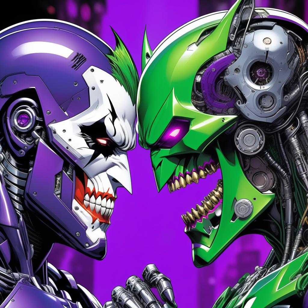  comic (RAW photo, masterpiece, high resolution, extremely complex), mix of The (Joker and cyborg), vs mix of the (Batman and cyborg), cyborg skull, upper body, purple and green cyborg suit, made of metal, scratchy metal, extremely detailed, sci-fi, blurred background . graphic illustration, comic art, graphic novel art, vibrant, highly detailed, best quality, very detailed, high resolution, sharp, sharp image, extremely detailed, 4k, 8k