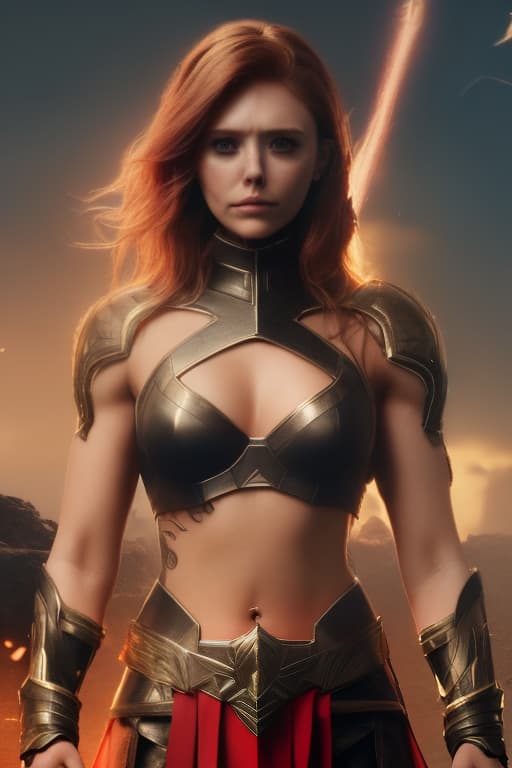 redshift style Elizabeth Olsen, Female Sorceress, White Witch Armor, Big Anime Girl Eyes, Ancient Tribal Tattoos, Detailed Face, Beautiful Face, Upper Body View Portrait, Built Female Body Physique, Toned Female Muscle, Female Body Shape, Fit Female Body, 4KUHD quality, 1080i, 1080p, Cinematic Quality, Dramatic Lighting, Bokeh, Unreal Engine 5, Cel Shaded Style, Surrounded by Cosmic Fire, Anime Asthetic, DBZ Asthetic, Studio Ghibli Asthetic, Dungeons and Dragons Asthetic, Gladiator Background, Battlefield Background [DreamGlow (NEW)], porealistic, high quality, highly detailed, cinematic lighting, intricate, sharp focus, f/1. 8, 85mm, (centered image composition), (professionally color graded), ((bright soft diffused light)), volumetric fog, trending on 