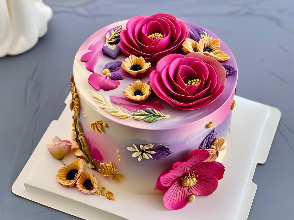  A closeup, ultradetailed image of a delicate, handpainted floral design on a cake, using edible paint in vibrant shades of pink, purple, and gold. The intricate brushstrokes and blending of colors showcase the artistry and precision required to achieve professional finishes with edible paint. hyperrealistic, full body, detailed clothing, highly detailed, cinematic lighting, stunningly beautiful, intricate, sharp focus, f/1. 8, 85mm, (centered image composition), (professionally color graded), ((bright soft diffused light)), volumetric fog, trending on instagram, trending on tumblr, HDR 4K, 8K