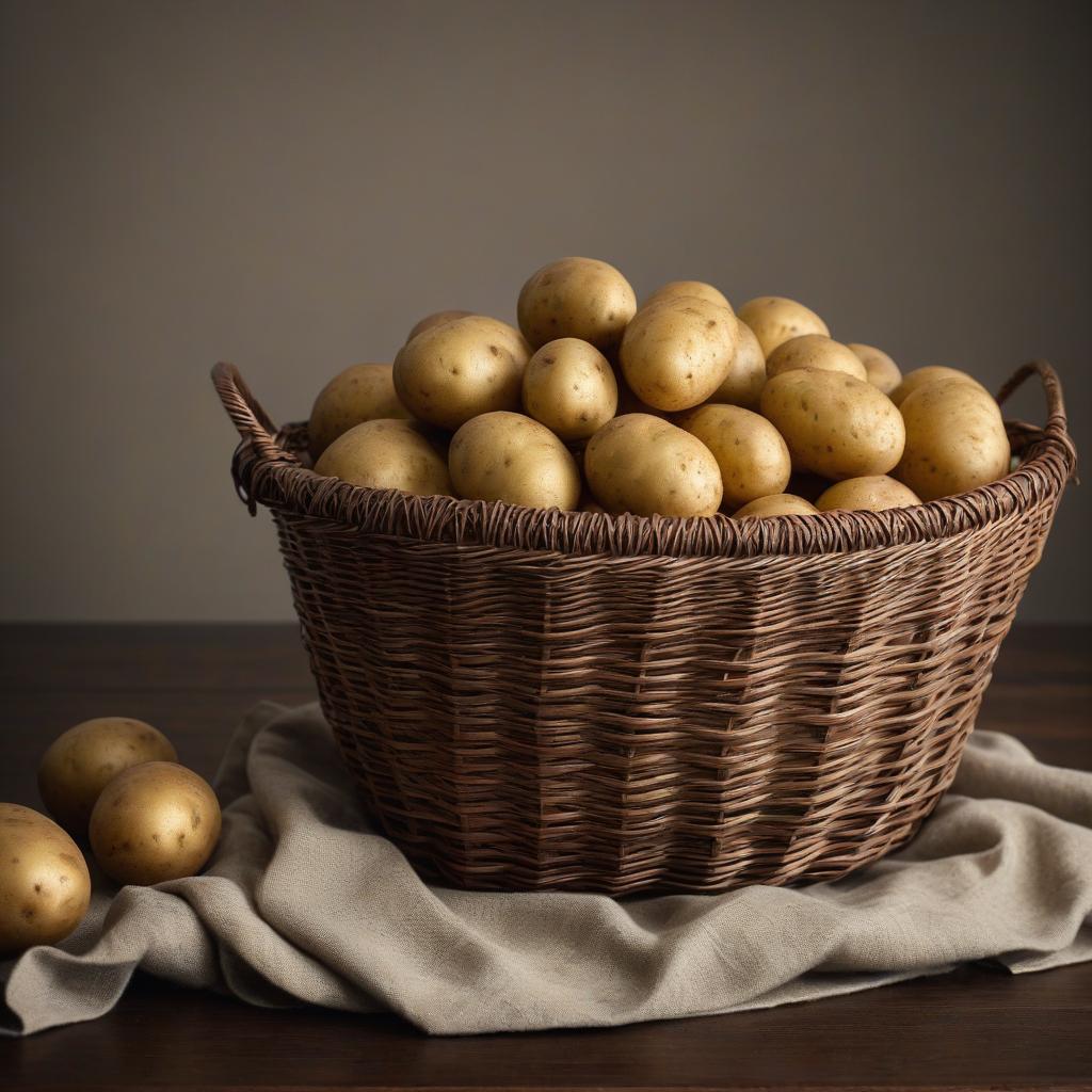  cinematic film still Potatoes lie in the basket on the table with a NEUTRAL BACKGROUND. . shallow depth of field, vignette, highly detailed, high budget, bokeh, cinemascope, moody, epic, gorgeous, film grain, grainy hyperrealistic, full body, detailed clothing, highly detailed, cinematic lighting, stunningly beautiful, intricate, sharp focus, f/1. 8, 85mm, (centered image composition), (professionally color graded), ((bright soft diffused light)), volumetric fog, trending on instagram, trending on tumblr, HDR 4K, 8K