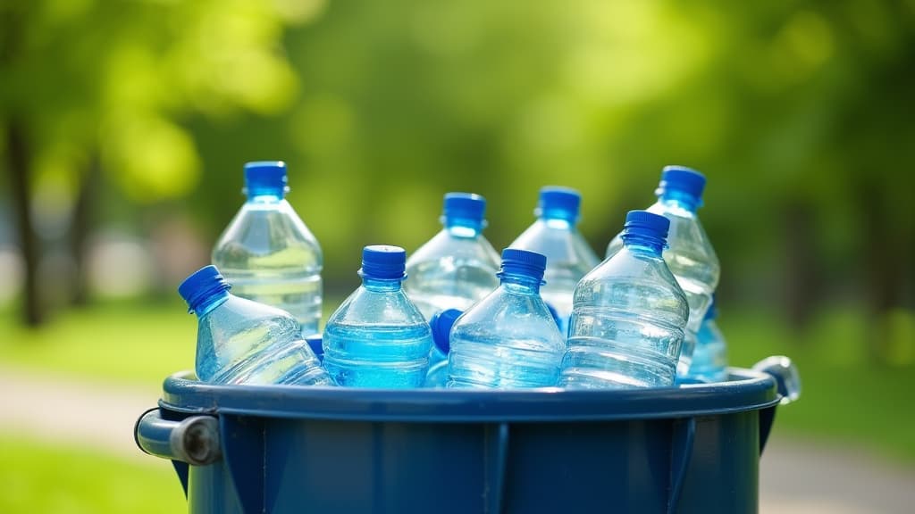  good quality, high quality, a recycling bin filled with empty plastic water bottles, with a new bottle just being added, in front of a green park backdrop.