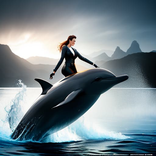  A girl in rides a dolphin, adventurous , wild , captivating , by David Yarrow, Nick Brandt, Art Wolfe, Paul Nicklen, Joel Sartore hyperrealistic, full body, detailed clothing, highly detailed, cinematic lighting, stunningly beautiful, intricate, sharp focus, f/1. 8, 85mm, (centered image composition), (professionally color graded), ((bright soft diffused light)), volumetric fog, trending on instagram, trending on tumblr, HDR 4K, 8K