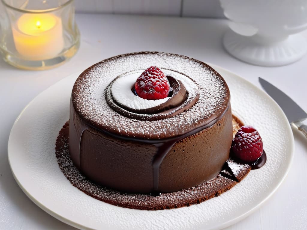  A closeup, ultradetailed image of a delicate chocolate lava cake on a minimalist, white plate. The cake is perfectly moist and rich, with a molten center oozing out slightly. A light dusting of powdered sugar tops the cake, and a single vibrant red raspberry sits elegantly next to it, adding a pop of color. The focus is sharp, capturing every tiny crumb and glossy sheen of the dessert, making the viewer almost able to taste its decadent sweetness. hyperrealistic, full body, detailed clothing, highly detailed, cinematic lighting, stunningly beautiful, intricate, sharp focus, f/1. 8, 85mm, (centered image composition), (professionally color graded), ((bright soft diffused light)), volumetric fog, trending on instagram, trending on tumblr, HDR 4K, 8K