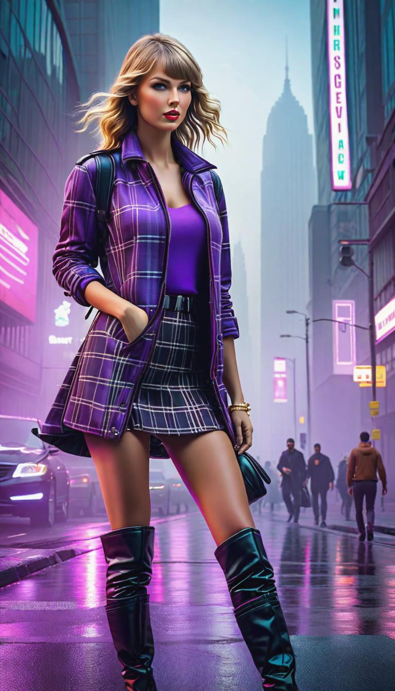  Cyberpunk style depiction of Taylor Swift wearing purple plaid . The scene is set in a world where technology has advanced, but society and human conditions have not, creating a gritty, dystopian atmosphere. hyperrealistic, full body, detailed clothing, highly detailed, cinematic lighting, stunningly beautiful, intricate, sharp focus, f/1. 8, 85mm, (centered image composition), (professionally color graded), ((bright soft diffused light)), volumetric fog, trending on instagram, trending on tumblr, HDR 4K, 8K