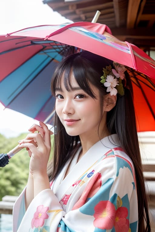  Vivid kimono is large and beautiful smile is attractive umbrella, (Masterpiece, BestQuality:1.3), (ultra detailed:1.2), (hyperrealistic:1.3), (RAW photo:1.2),High detail RAW color photo, professional photograph, (Photorealistic:1.4), (realistic:1.4), ,professional lighting, (japanese), beautiful face, (realistic face)