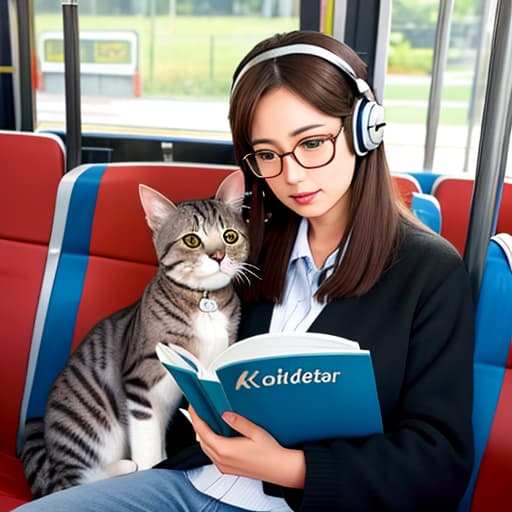  Realistic image of a cat wearing headphones and reading glasses while riding a bus.