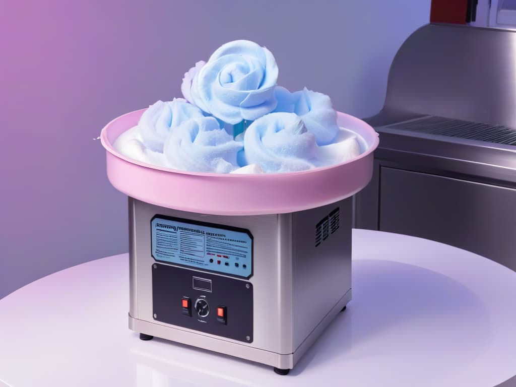  An ultradetailed image of a pristine, stateoftheart cotton candy machine with a sleek, modern design. The machine is surrounded by an array of vibrant, fluffy cotton candy in pastel colors, creating a visually striking contrast against the machine's metallic surfaces. The cotton candy is artfully spun into intricate shapes and designs, showcasing the creative possibilities that come with incorporating cotton candy into baking and confectionery creations. The image is captured from a slightly elevated angle, highlighting the machine's intricate details and the delicate beauty of the cotton candy. hyperrealistic, full body, detailed clothing, highly detailed, cinematic lighting, stunningly beautiful, intricate, sharp focus, f/1. 8, 85mm, (centered image composition), (professionally color graded), ((bright soft diffused light)), volumetric fog, trending on instagram, trending on tumblr, HDR 4K, 8K