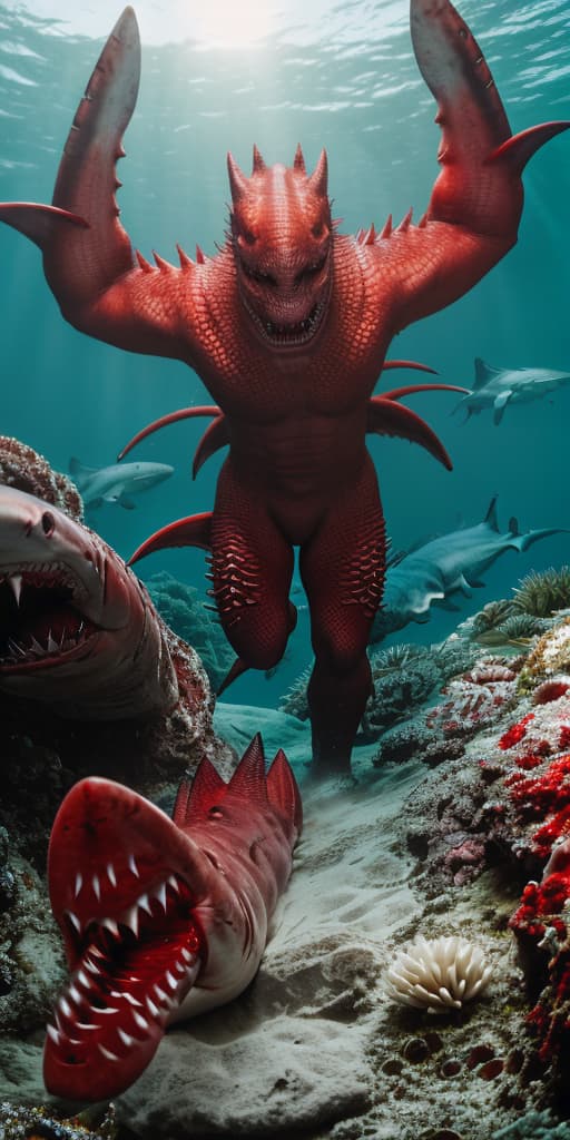  Photorealistic image of pale demonic creature with translucent red spines and shark like teeth. Monster has digilegs with claws as toes.