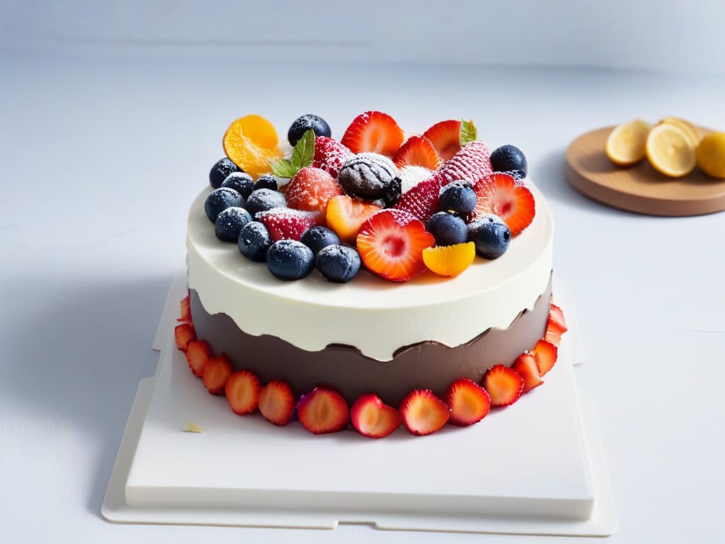  A photorealistic image of a beautifully decorated vegan cake, intricately adorned with vibrant fresh fruits, edible flowers, and delicate chocolate shavings. The cake stands on a sleek marble countertop, with soft natural light filtering in, highlighting the intricate details and textures of the dessert. The presentation is elegant and inviting, showcasing the artistry and creativity of vegan baking. hyperrealistic, full body, detailed clothing, highly detailed, cinematic lighting, stunningly beautiful, intricate, sharp focus, f/1. 8, 85mm, (centered image composition), (professionally color graded), ((bright soft diffused light)), volumetric fog, trending on instagram, trending on tumblr, HDR 4K, 8K