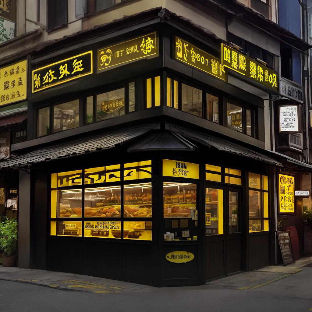  Masterpiece, best quality, a stewed duck shop with a light box sign at the door. The name is Duck Time. Yellow and black color