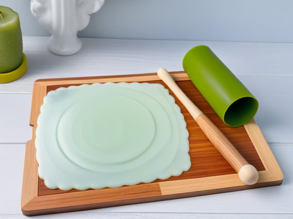  An image of a sleek, modern silicone baking mat next to a traditional wooden rolling pin, showcasing the evolution of baking utensils from wood to silicone in a minimalist style. The contrast between the two materials highlights the advancement in baking tools over time, providing a visually compelling representation of the article's topic on the evolution of baking utensils. hyperrealistic, full body, detailed clothing, highly detailed, cinematic lighting, stunningly beautiful, intricate, sharp focus, f/1. 8, 85mm, (centered image composition), (professionally color graded), ((bright soft diffused light)), volumetric fog, trending on instagram, trending on tumblr, HDR 4K, 8K