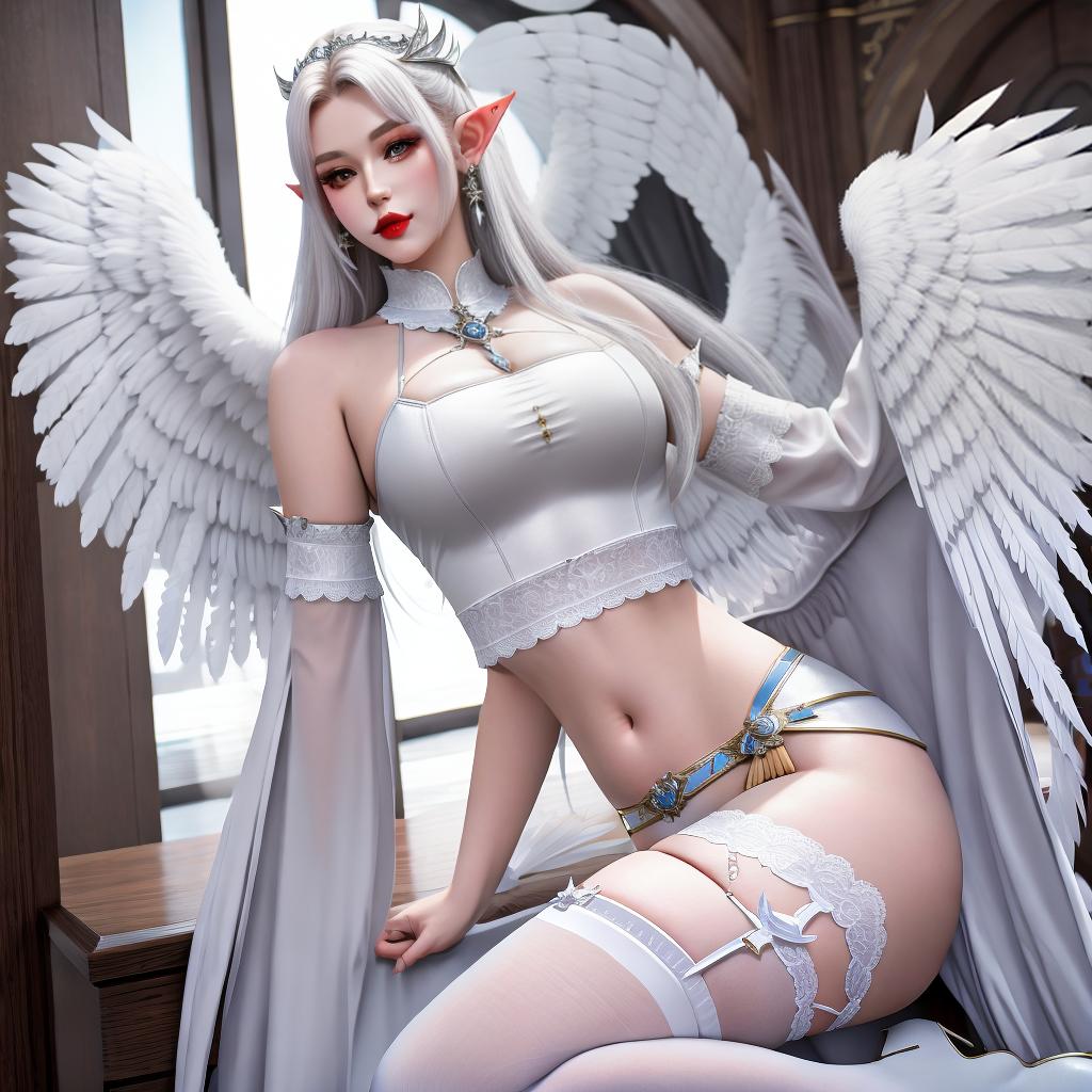  masterpiece, best quality, 1 ((caucasian)) , ((((())))), solo, thigh highs, feathered wings, big lips, id, midriff, white thigh highs, pointy ears, hourgl figure, large s, realistic, ((())) ,top quality, best quality, 8k resolution, dungeon