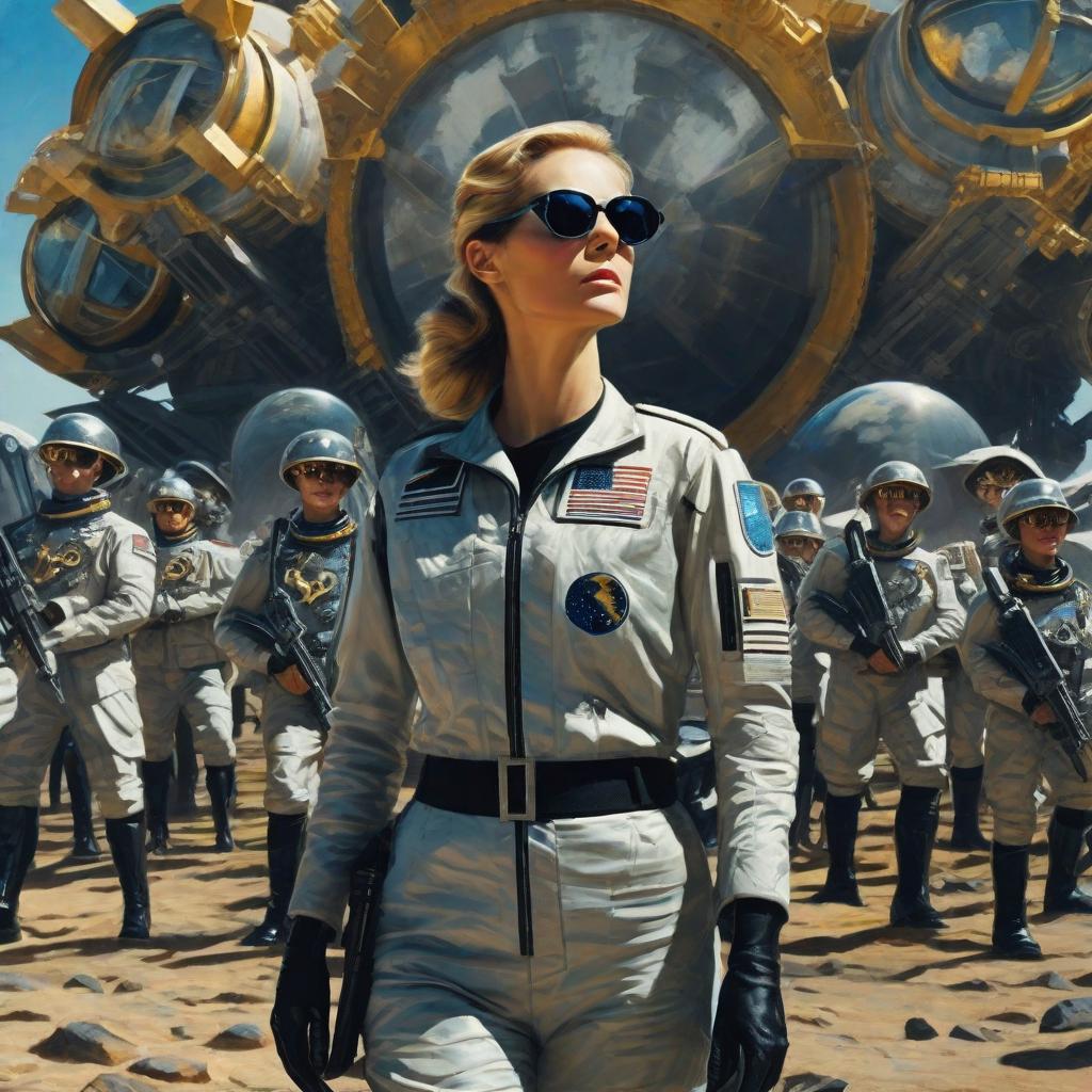  masterpiece, best quality,3A Impasto, 16:9 frame size. Shows a female commander on the moon wearing sunglasses, dressed in a black German-style military uniform, full of technology. Standing in front of well-armed troops. Background reference to mechanical structures and mechanical ships common in science fiction movies.