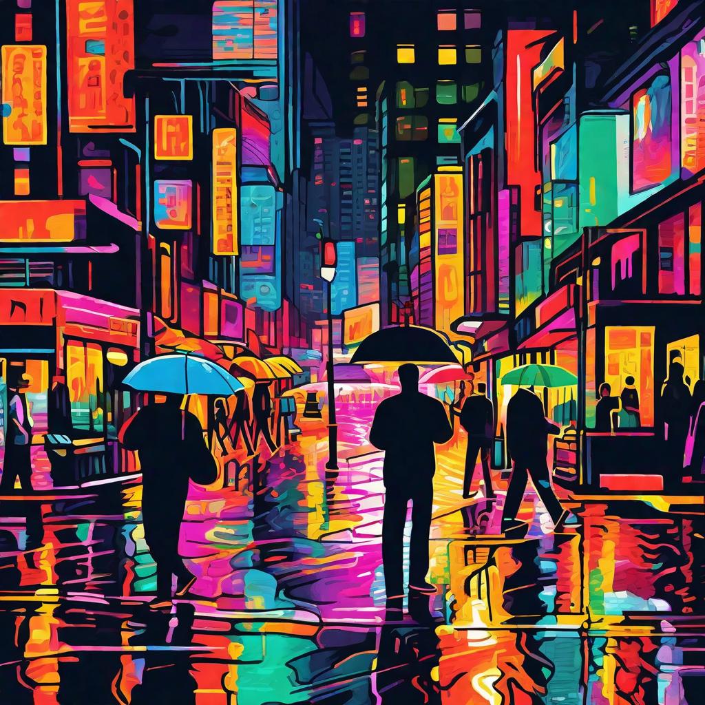  masterpiece, best quality, A chaotic image of a bustling city street at night, with neon lights reflecting off rain-soaked pavement. The environment is filled with tall buildings and crowded sidewalks, capturing the essence of urban life. The mood is vibrant and energetic, with a sense of constant movement and activity. The style is high dynamic range, emphasizing the contrast between the bright city lights and the darkness of the night. The realization is captured on Fujifilm Pro 400H film, adding a touch of vintage charm to the modern cityscape.