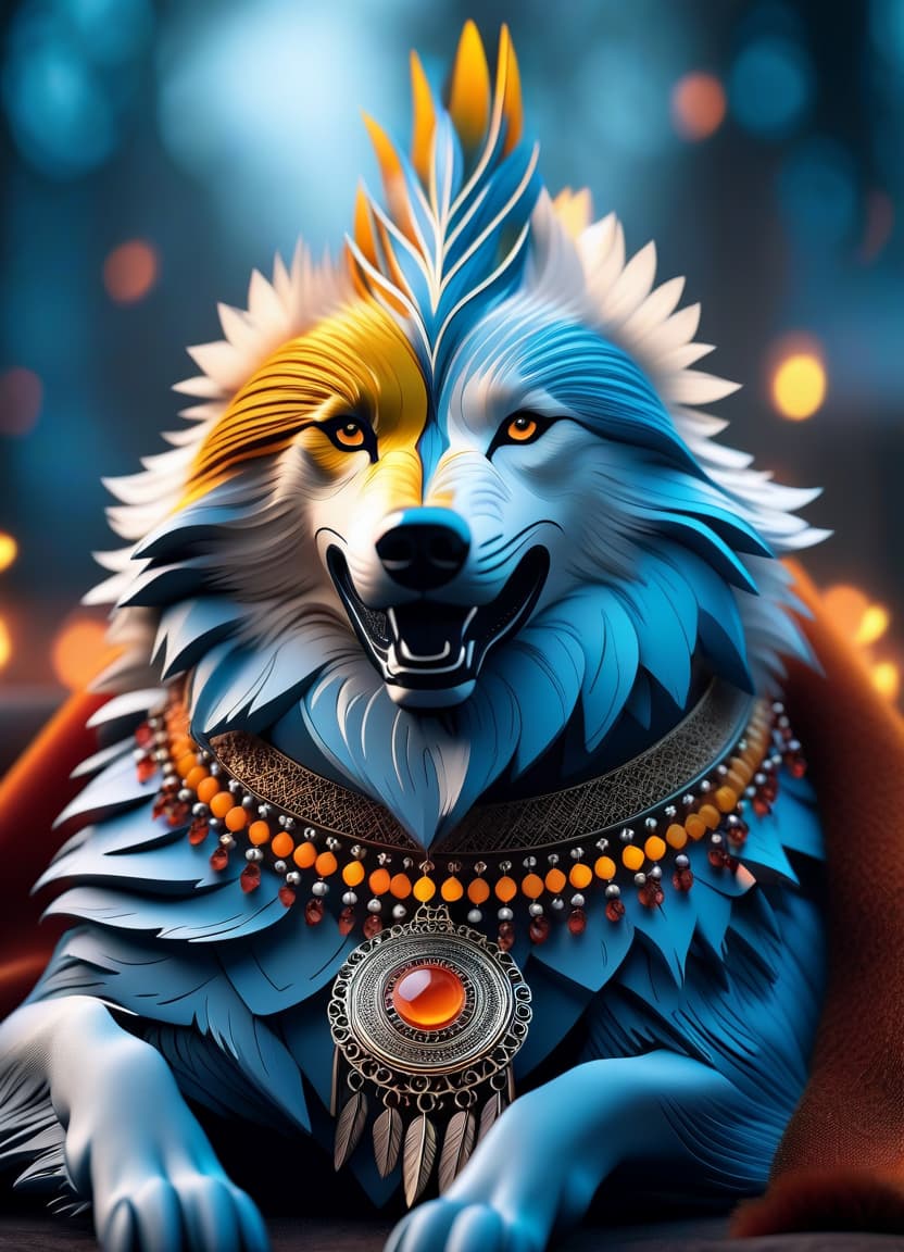  cinematic photo Indian amulet. It has a round shape (a prototype of a magic wheel) and a decorative ornament of feathers symbolising the path of a person in a dream. (Wolf's muzzle) one half of the muzzle means cold. The colour of the coat is blue white with flecks of ice. The other is heat and fire. The colour is orange, light yellow, red with flecks of flames. . 35mm photograph, film, bokeh, professional, 4k, highly detailed hyperrealistic, full body, detailed clothing, highly detailed, cinematic lighting, stunningly beautiful, intricate, sharp focus, f/1. 8, 85mm, (centered image composition), (professionally color graded), ((bright soft diffused light)), volumetric fog, trending on instagram, trending on tumblr, HDR 4K, 8K