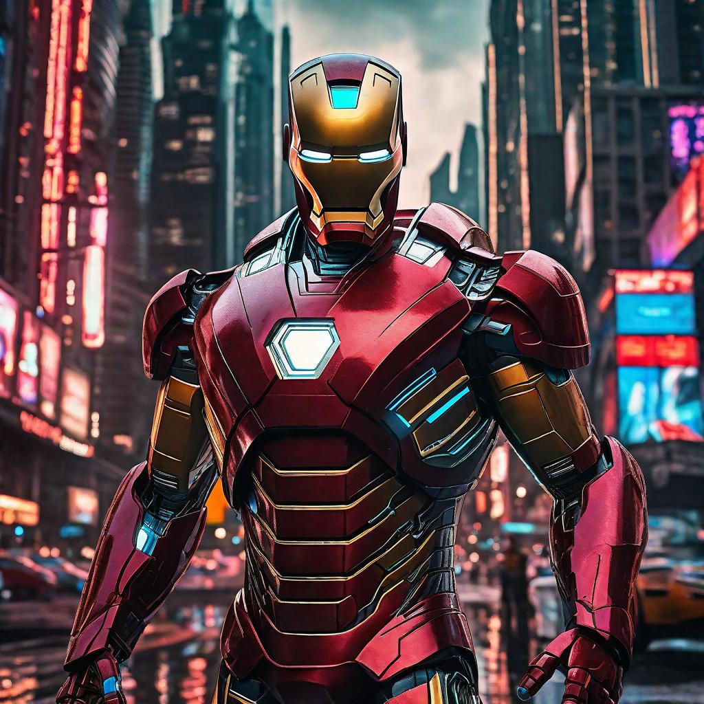  masterpiece, best quality, Best quality, masterpiece, 8k resolution, realistic, highly detailed, close up of Iron Man. In a cyberpunk-style night scene of the city, he stands on a street lined with tall buildings. The city's night lights are bright, The surrounding buildings and streets are filled with cyberpunk elements such as neon lights, high-tech devices, and futuristic architectural designs.