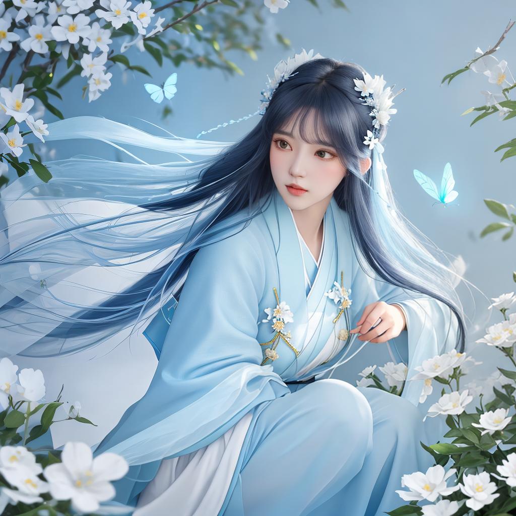  masterpiece, best quality, (Fidelity: 1.4), Best Quality, Masterpiece, Ultra High Resolution, Poster, Fantasy Art, Very Detailed Faces, 8k resolution, Turkish Style, An woman, Side Face, Quiet,Stockings, Light Blue Hanfu, Tulle Coat, Long Black Hair, Light Blue Fringed Hair Ornament, Hairpin, White Ribbon, White Flower Bush, Light Blue Butterfly Flying, cinematic lighting effects