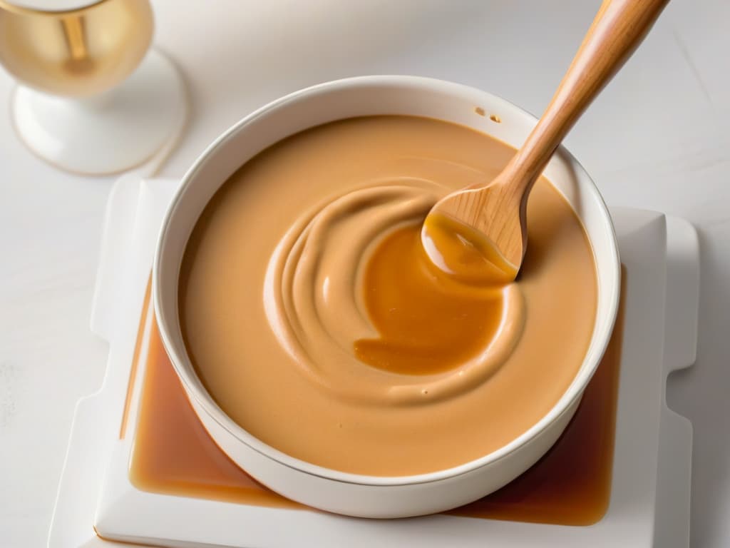  A closeup, minimalist image of a small saucepan simmering with rich, creamy dulce de leche. The golden caramel hue is glossy and viscous, with a wooden spoon resting on the edge, capturing the essence of the sweet and comforting process of creating perfect dulce de leche. hyperrealistic, full body, detailed clothing, highly detailed, cinematic lighting, stunningly beautiful, intricate, sharp focus, f/1. 8, 85mm, (centered image composition), (professionally color graded), ((bright soft diffused light)), volumetric fog, trending on instagram, trending on tumblr, HDR 4K, 8K