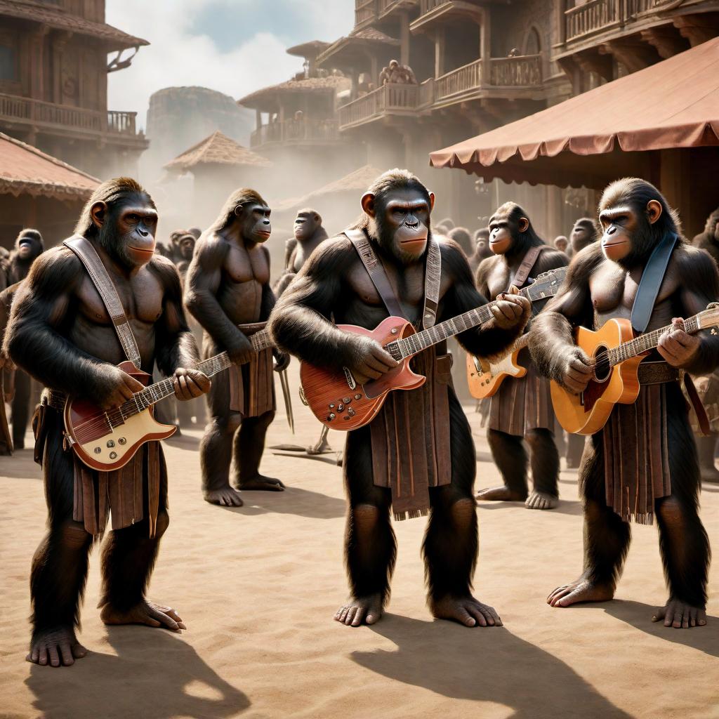  Create an image of characters from the Planet of the Apes as a rock band. The band should consist of various ape characters playing different musical instruments on a stage with lights and a lively atmosphere. The lead singer could be an ape with a microphone, and other band members playing guitar, drums, and other instruments. The background should resemble a rock concert setting with enthusiastic fans in the audience. hyperrealistic, full body, detailed clothing, highly detailed, cinematic lighting, stunningly beautiful, intricate, sharp focus, f/1. 8, 85mm, (centered image composition), (professionally color graded), ((bright soft diffused light)), volumetric fog, trending on instagram, trending on tumblr, HDR 4K, 8K