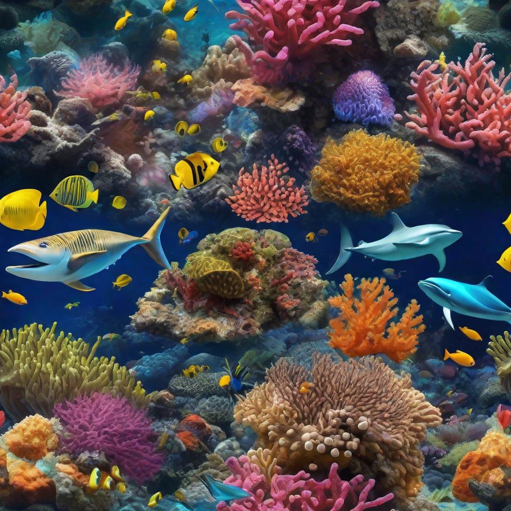  masterpiece, best quality, beautiful deep sea full of corals, diverse marine life and fascinating underwater landscapes with corals, appendages, small fish, anemones, dolphins, various algae, caves, colorful, 8k resolution and intricate detail swimming