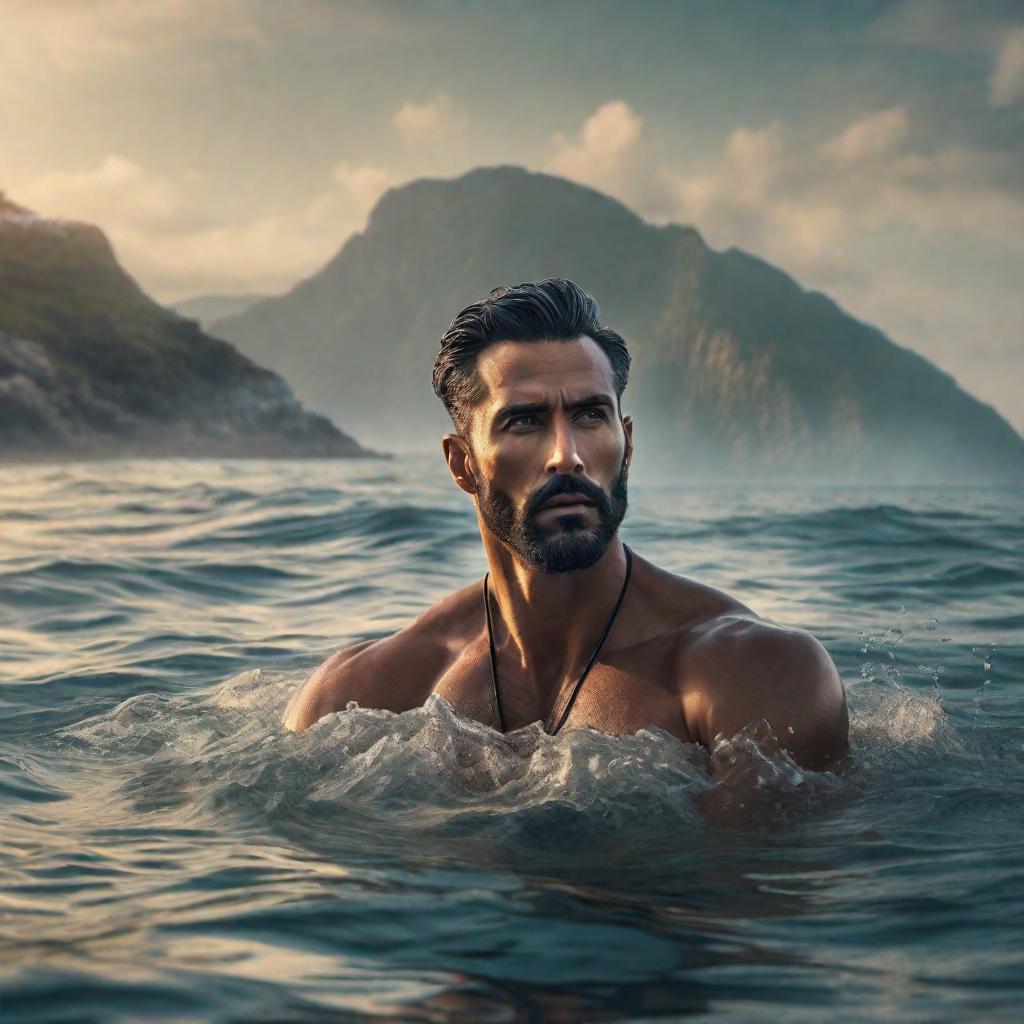  A very handsome man swimming in the sea hyperrealistic, full body, detailed clothing, highly detailed, cinematic lighting, stunningly beautiful, intricate, sharp focus, f/1. 8, 85mm, (centered image composition), (professionally color graded), ((bright soft diffused light)), volumetric fog, trending on instagram, trending on tumblr, HDR 4K, 8K