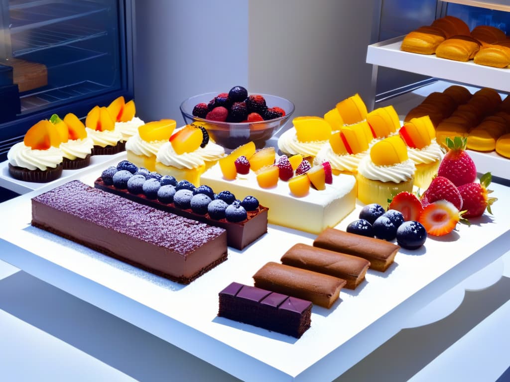  A closeup, highresolution image of a beautifully arranged dessert table in a modern, sleek bakery setting. The table is elegantly decorated with a variety of colorful, decadent desserts such as cakes, pastries, and cupcakes, all artfully displayed on minimalist white platters and stands. The desserts are garnished with fresh fruits, chocolate drizzles, and edible flowers, creating a visually stunning and appetizing display. The overall aesthetic is clean, sophisticated, and inviting, perfectly capturing the essence of effective dessert merchandising. hyperrealistic, full body, detailed clothing, highly detailed, cinematic lighting, stunningly beautiful, intricate, sharp focus, f/1. 8, 85mm, (centered image composition), (professionally color graded), ((bright soft diffused light)), volumetric fog, trending on instagram, trending on tumblr, HDR 4K, 8K