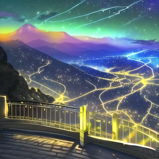  night time mountain road cliff edge with metal railing lightening in sky bright colours all around bright. Colours in the sky romantic