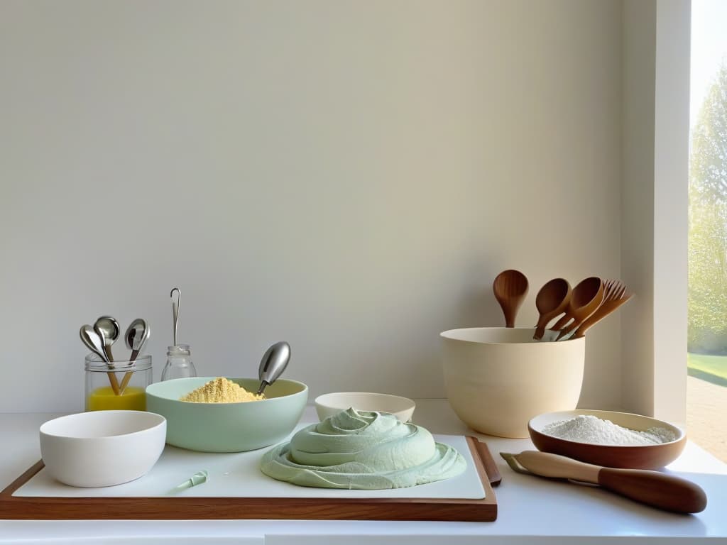  A serene minimalist image featuring a white marble countertop adorned with neatly arranged baking tools including a rolling pin, measuring spoons, and a whisk. In the background, a row of pastelcolored mixing bowls sit neatly stacked, casting soft shadows in the natural light filtering through a nearby window. The scene conveys a sense of calm and preparation, ideal for visualizing mental readiness and stress management before a baking competition. hyperrealistic, full body, detailed clothing, highly detailed, cinematic lighting, stunningly beautiful, intricate, sharp focus, f/1. 8, 85mm, (centered image composition), (professionally color graded), ((bright soft diffused light)), volumetric fog, trending on instagram, trending on tumblr, HDR 4K, 8K