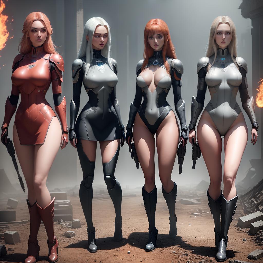  ((Masterpiece)),(((best quality))), 8K, high detailed, ultra-detailed. In a realistic style, depict three girls wearing bodysuit dresses and high boots. One girl is ((holding a futuristic weapon)), another girl ((levitating)) with ((glowing energy)), and the third girl is ((summoning fire)) with her hands. The scene takes place in a ((dystopian wasteland)) with a blood-red sky and crumbling buildings. hyperrealistic, full body, detailed clothing, highly detailed, cinematic lighting, stunningly beautiful, intricate, sharp focus, f/1. 8, 85mm, (centered image composition), (professionally color graded), ((bright soft diffused light)), volumetric fog, trending on instagram, trending on tumblr, HDR 4K, 8K
