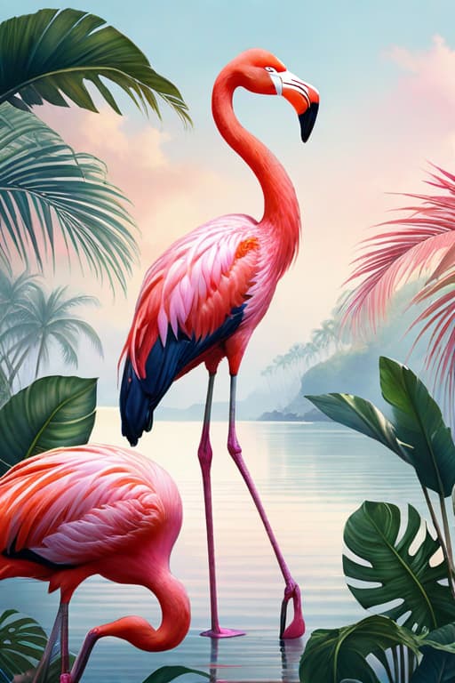  A watercolor painting of A pink flamingo in a tropical landscape hyperrealistic, full body, detailed clothing, highly detailed, cinematic lighting, stunningly beautiful, intricate, sharp focus, f/1. 8, 85mm, (centered image composition), (professionally color graded), ((bright soft diffused light)), volumetric fog, trending on instagram, trending on tumblr, HDR 4K, 8K