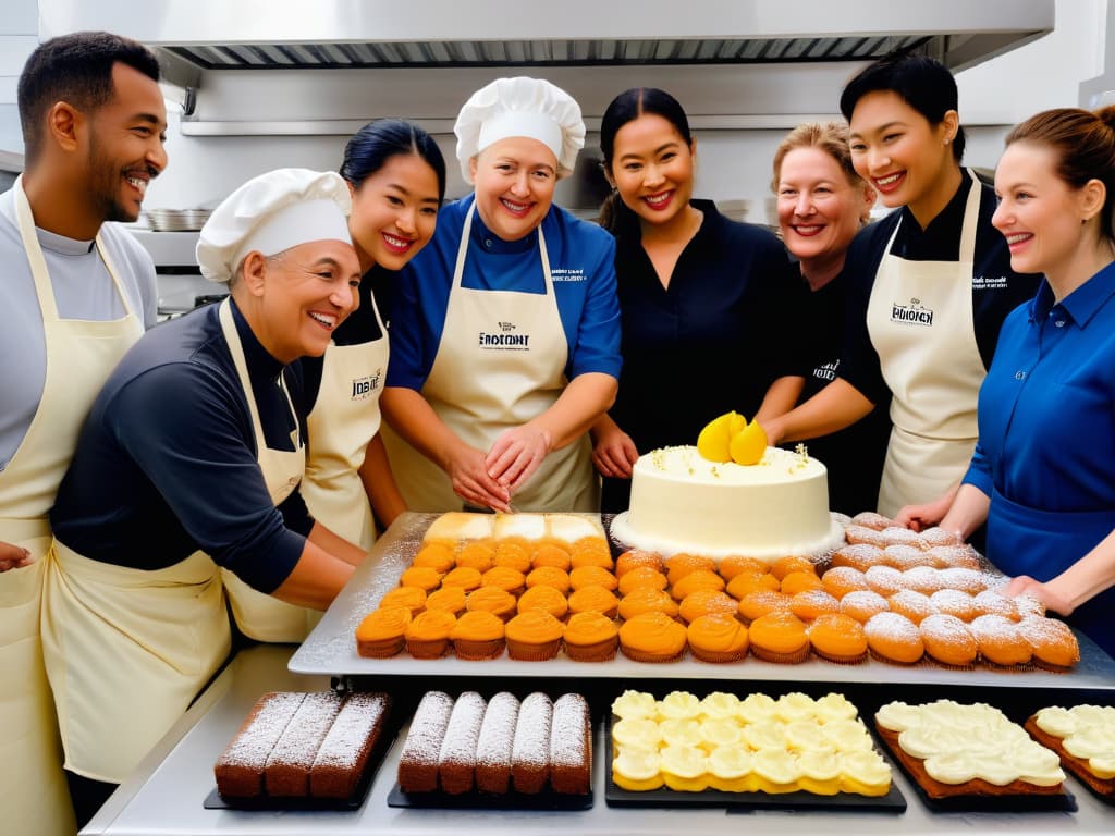  A highresolution, minimalist image of a group of diverse individuals, including professional bakers and volunteers, working together in a bright, welcoming kitchen setting. The focus is on the human connection and teamwork behind the scenes of a charitable baking event, showcasing individuals of different ages and backgrounds joyfully collaborating on creating delicious desserts for a cause. The image captures the essence of community, compassion, and dedication in the world of charitable baking, emphasizing the human side of the impactful work being done. hyperrealistic, full body, detailed clothing, highly detailed, cinematic lighting, stunningly beautiful, intricate, sharp focus, f/1. 8, 85mm, (centered image composition), (professionally color graded), ((bright soft diffused light)), volumetric fog, trending on instagram, trending on tumblr, HDR 4K, 8K