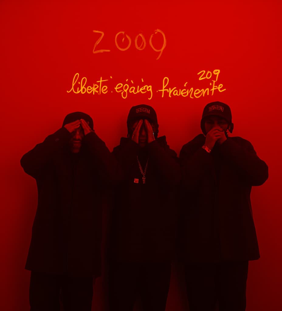  good quality, high quality, **a stylized image of three rappers in a red room ambiance, dressed in black, embodying the concept of the three wise monkeys. one rapper covering his ears:: 200, one covering his eyes:: 209, and one covering his mouth:: 209 with their hands. the background features light painting in cursive yellow writing that reads "liberté, égalité, fraternité." vivid red and yellow lighting effects. created using: fujifilm x t4, contemporary lighting techniques, urban art influence, high contrast, rich textures, streetwear fashion, dynamic composition, hip hop culture, hd quality, natural look