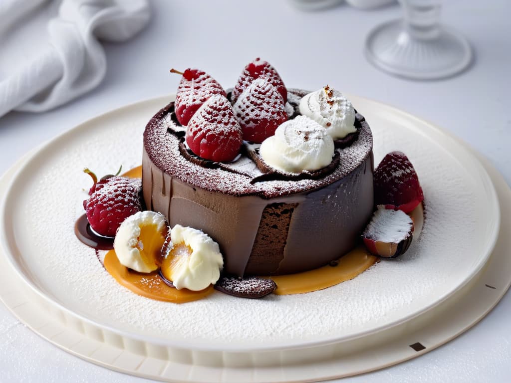  An ultradetailed closeup image of a beautifully plated dessert on a simple, elegant white plate. The dessert is a decadent chocolate lava cake, with a rich molten center oozing out onto the plate. The cake is topped with a delicate dusting of powdered sugar, a perfect scoop of vanilla bean ice cream melting slightly on the side, and a few fresh raspberries artfully placed around the plate. The lighting is soft and natural, highlighting the glossy texture of the cake and the vibrant red of the raspberries against the pristine white background. hyperrealistic, full body, detailed clothing, highly detailed, cinematic lighting, stunningly beautiful, intricate, sharp focus, f/1. 8, 85mm, (centered image composition), (professionally color graded), ((bright soft diffused light)), volumetric fog, trending on instagram, trending on tumblr, HDR 4K, 8K