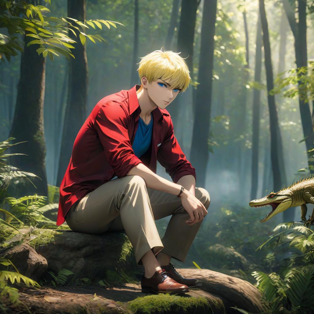  Anime guy, a mafia, in trousers, red shirt, blue eyes, yellow white short hair, sitting, crocodiles, in a forest without people. hyperrealistic, full body, detailed clothing, highly detailed, cinematic lighting, stunningly beautiful, intricate, sharp focus, f/1. 8, 85mm, (centered image composition), (professionally color graded), ((bright soft diffused light)), volumetric fog, trending on instagram, trending on tumblr, HDR 4K, 8K