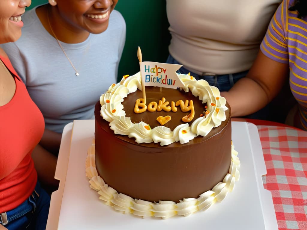  A closeup, highresolution image of a diverse group of individuals, including people of different ethnicities, ages, and abilities, gathered around a beautifully decorated cake. Each person is smiling and engaged in conversation, showcasing inclusion and connection through the shared joy of baking and celebrating diversity. The minimalistic style highlights the genuine emotions and cultural exchange taking place in the moment. hyperrealistic, full body, detailed clothing, highly detailed, cinematic lighting, stunningly beautiful, intricate, sharp focus, f/1. 8, 85mm, (centered image composition), (professionally color graded), ((bright soft diffused light)), volumetric fog, trending on instagram, trending on tumblr, HDR 4K, 8K