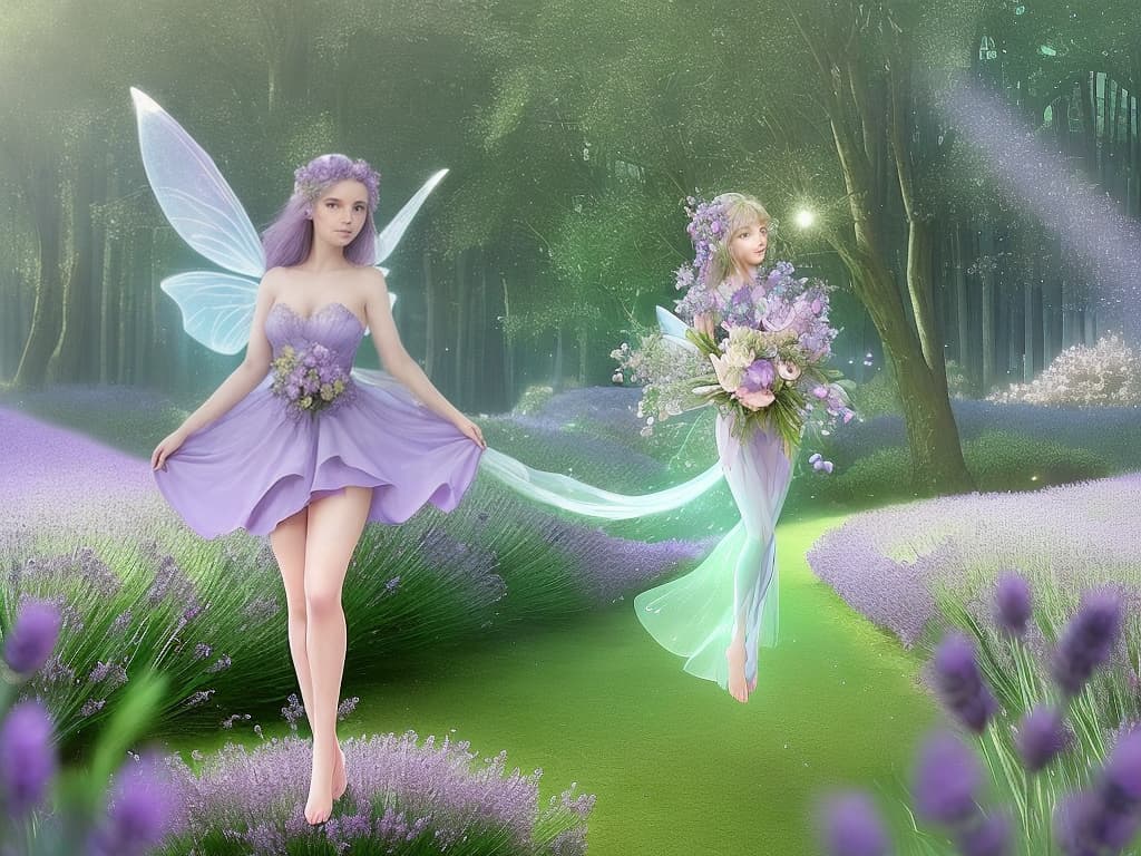  a beautiful realistic fairy, full body, flying, holding a bouquet of lavender, with a fairy forest full of lights in the background